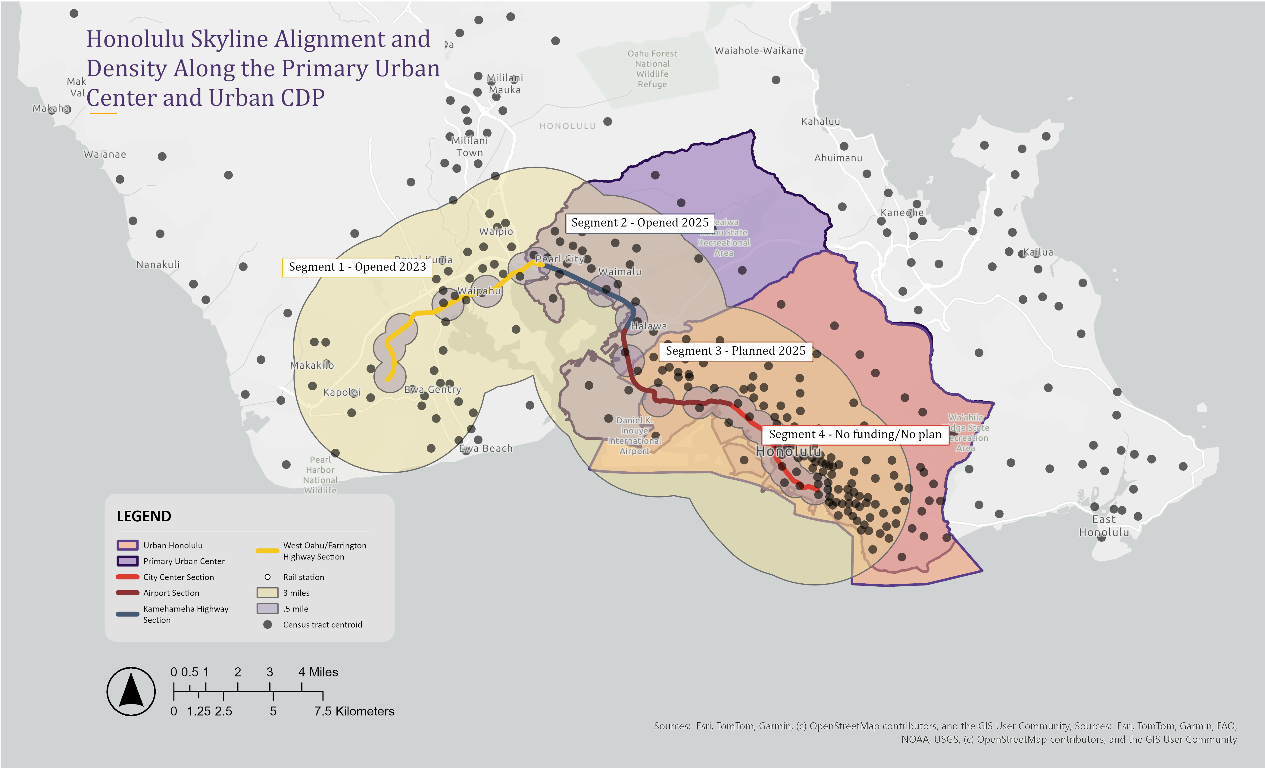 Honolulu Skyline Alignment and Density Along the Primary Urban Center and Urban CDP map showing Skyline segments, Urban Honolulu boundary, Primary Urban Center, station buffers, rail stations, and census tract centroids.